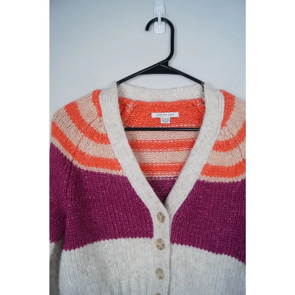 American Eagle Striped Cardigan Button Front Multicolor Pink Cream Fuzzy Size XS